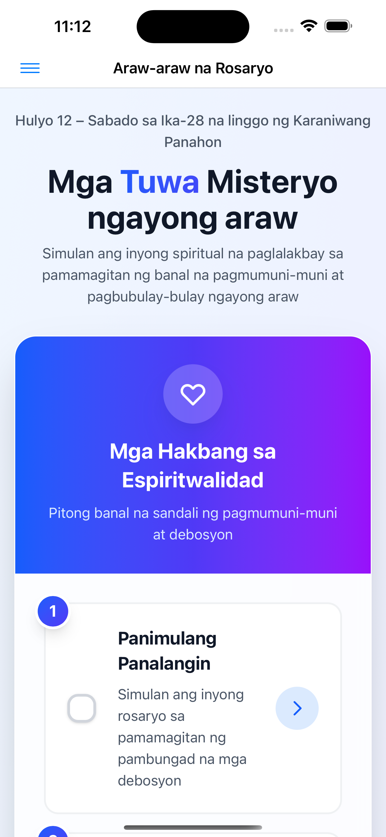 Daily Rosary App sa iPhone na nagpapakita ng Filipino prayer interface