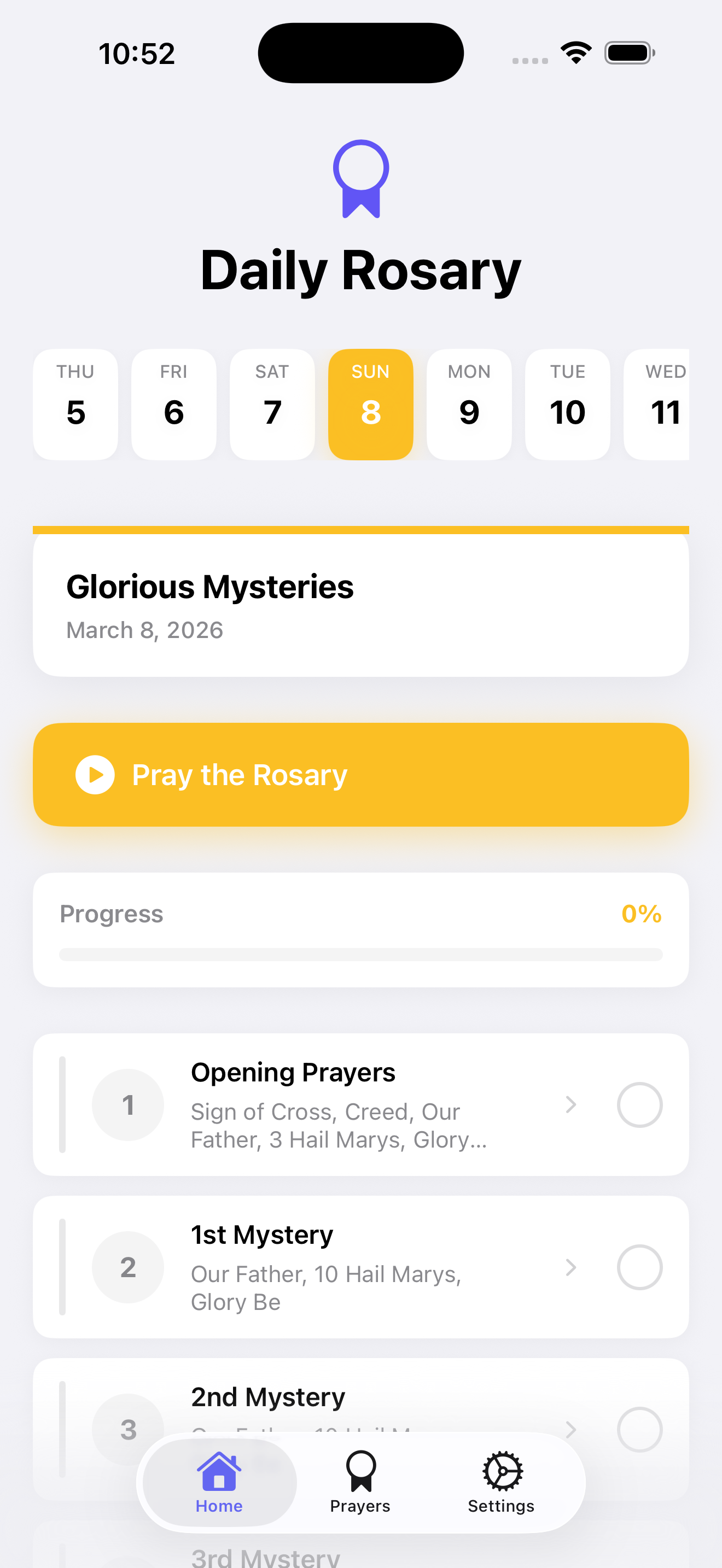 Daily Rosary App home screen with amber date picker and mystery selection