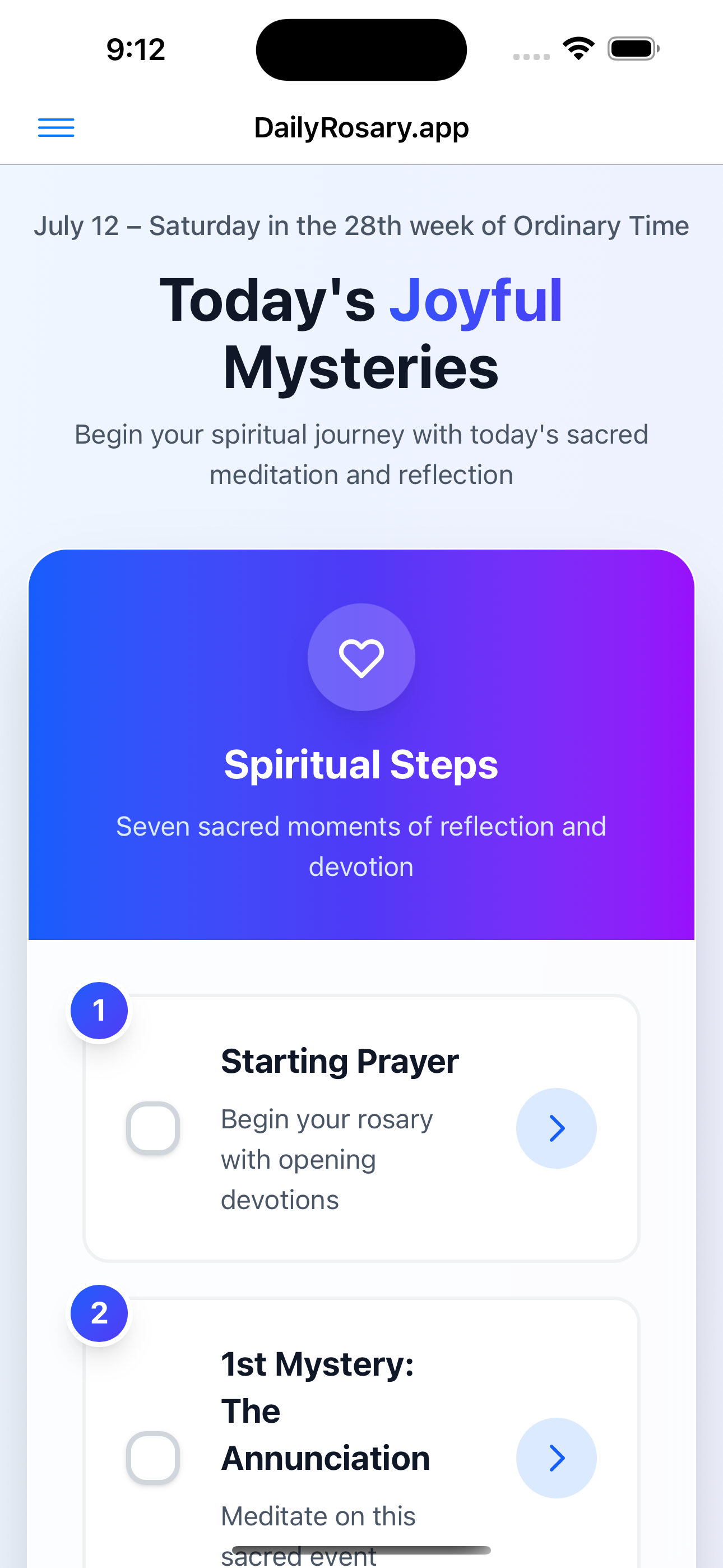 Daily Rosary App on iPhone showing prayer interface with rosary mysteries